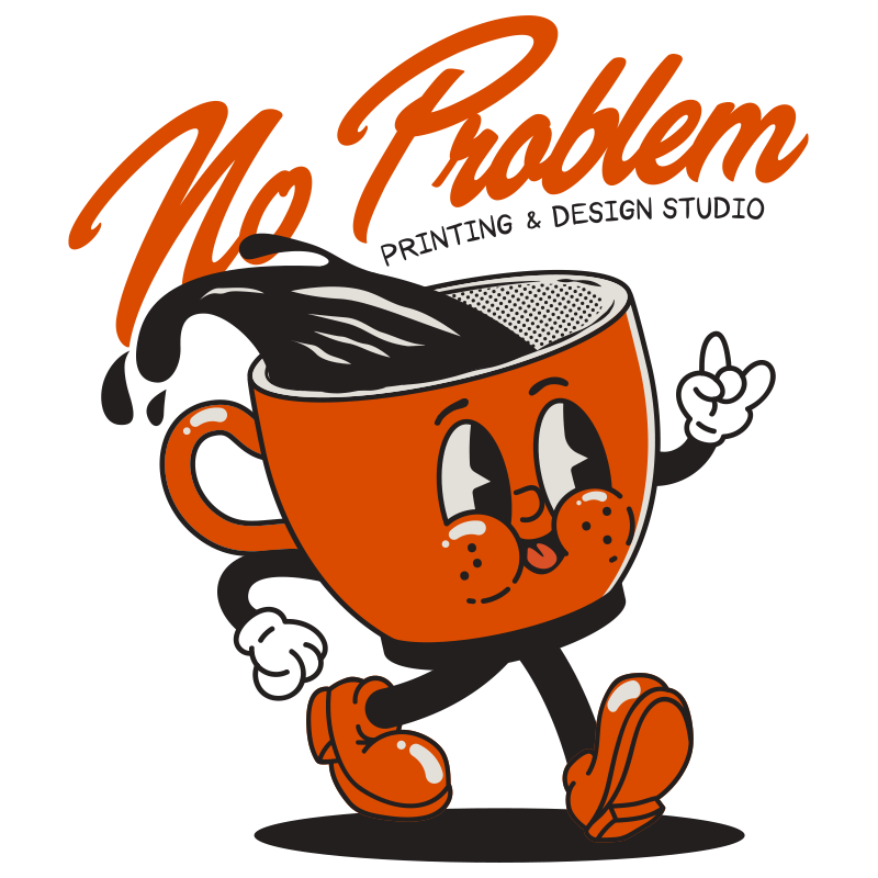 No Problem orange coffee cup mascot with a big smile and waving hand